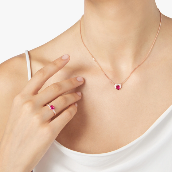 Rose Gold, Synthetic Ruby & Diamond Heart Necklace