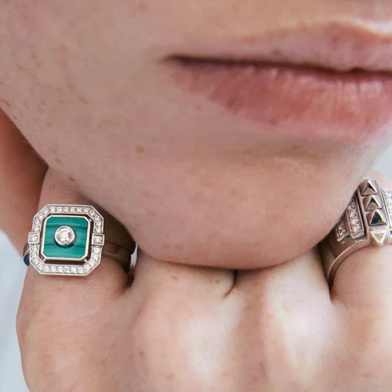 Ring Mini Skyway Diamonds, Silver & Malachite