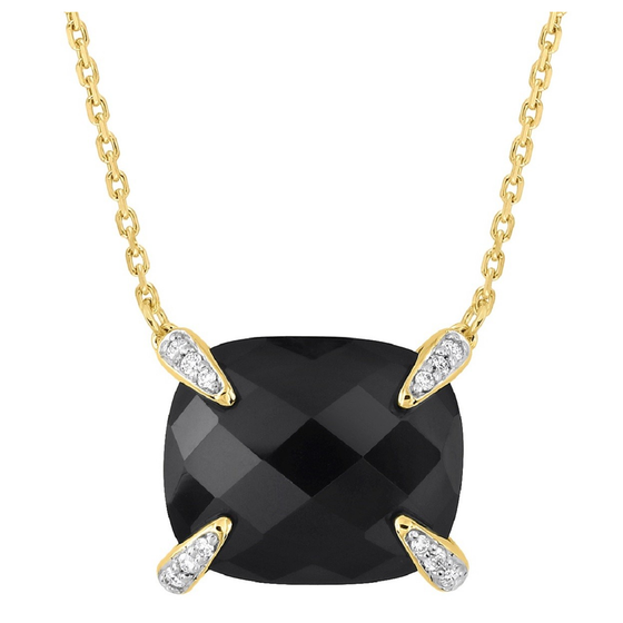 Onyx Cushion + Diamonds Yellow Gold Necklace