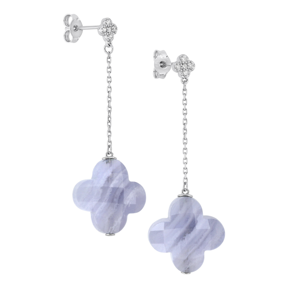 Pendant Earrings Blue Lace Agate + Diamonds White Gold