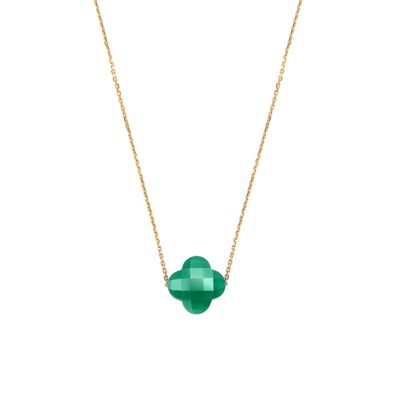 Green Agate Clover Yellow Gold Necklace
