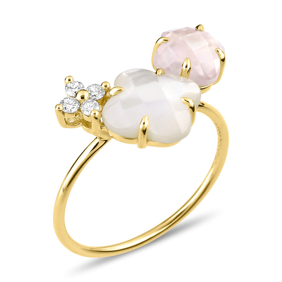 Mother Of Pearl And Pink Quartz + Diamonds Yellow Gold Bouquet Ring