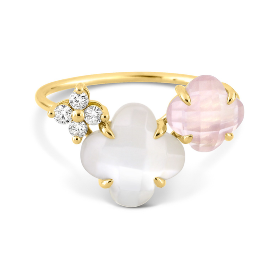 Mother Of Pearl And Pink Quartz + Diamonds Yellow Gold Bouquet Ring