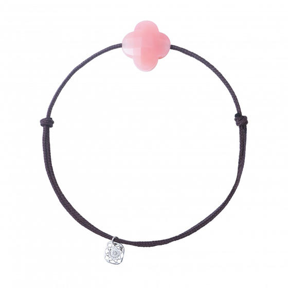 Bracelet Cordon Brun Trefle Opale Rose