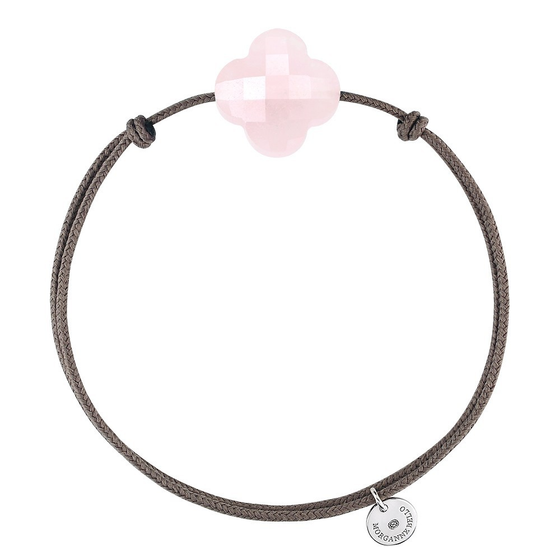 Bracelet Cordon Taupe Trefle Quartz Rose Poudre