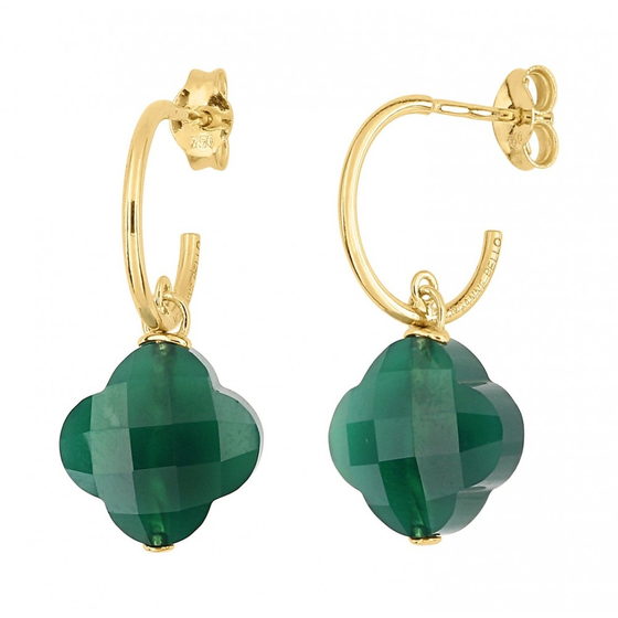 Boucles D'oreilles Agate Verte Petit Trefle Or Jaune