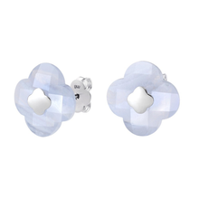  Puces D'oreilles Or Blanc Agate Bleue Dentelle