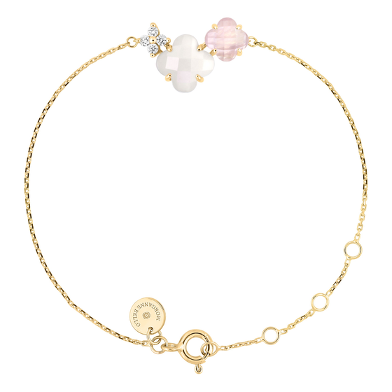 Bracelet Bouquet Nacre Blanche Et Quartz Rose + Diamants Or Jaune